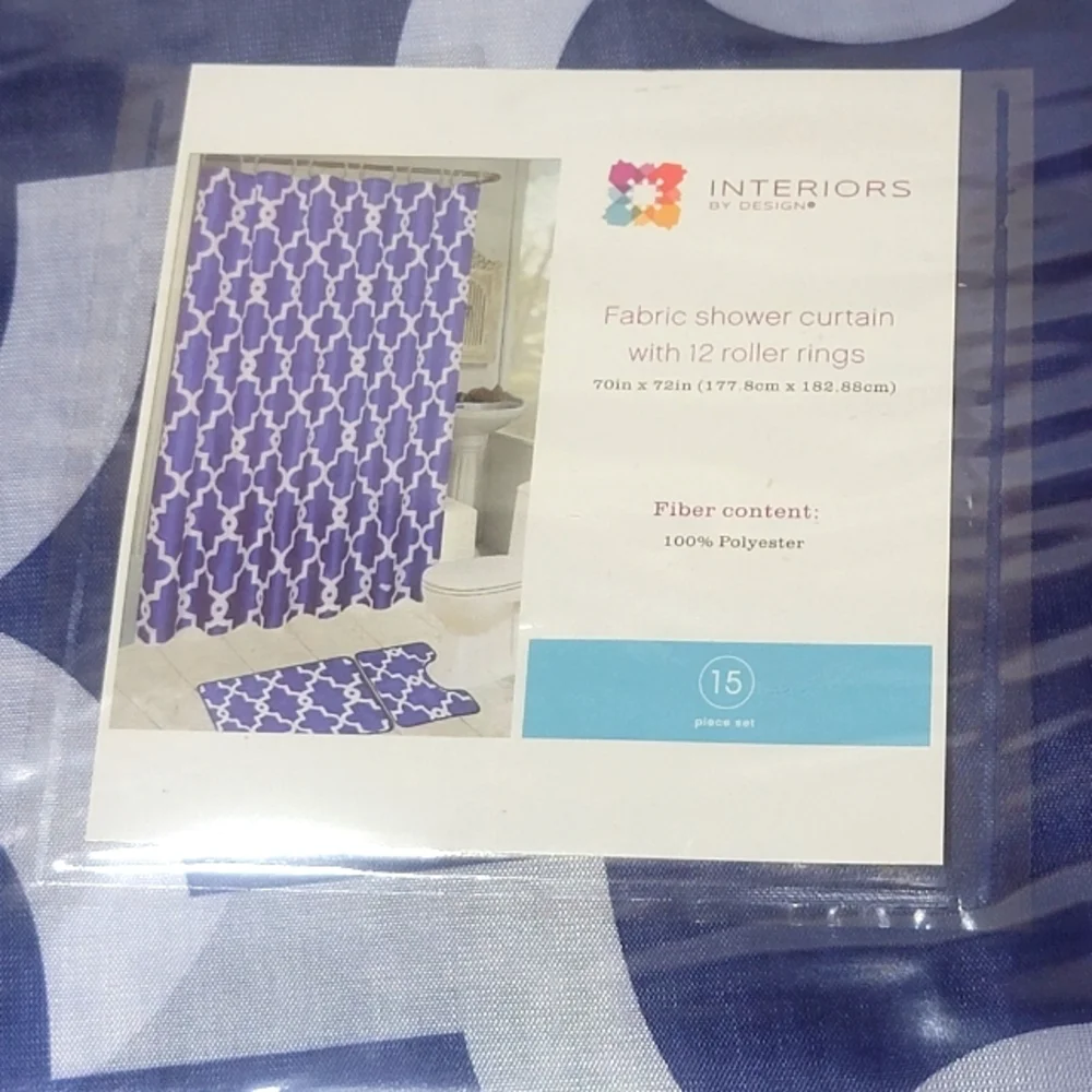 Interiors by Design Blue Shower Curtain Geometric Grids with 12 Roller Rings